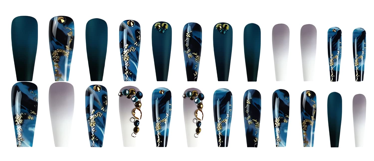 Elevate Your Style with Navy Blue Coffin Press-On Nails - Stunning French Marble Design with Glitter and Rhinestones - 24 Pcs of Glamorous Artificial Nails for Effortless Beauty