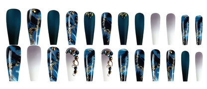 Elevate Your Style with Navy Blue Coffin Press-On Nails - Stunning French Marble Design with Glitter and Rhinestones - 24 Pcs of Glamorous Artificial Nails for Effortless Beauty