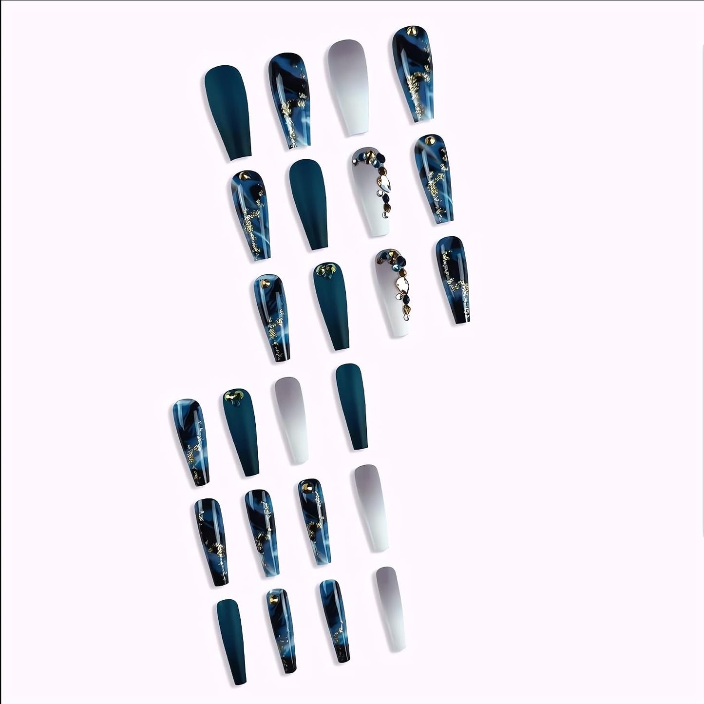 Elevate Your Style with Navy Blue Coffin Press-On Nails - Stunning French Marble Design with Glitter and Rhinestones - 24 Pcs of Glamorous Artificial Nails for Effortless Beauty