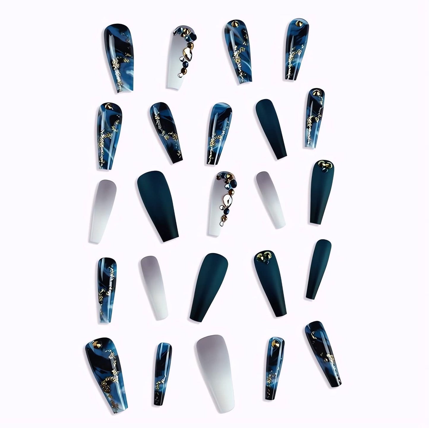 Elevate Your Style with Navy Blue Coffin Press-On Nails - Stunning French Marble Design with Glitter and Rhinestones - 24 Pcs of Glamorous Artificial Nails for Effortless Beauty