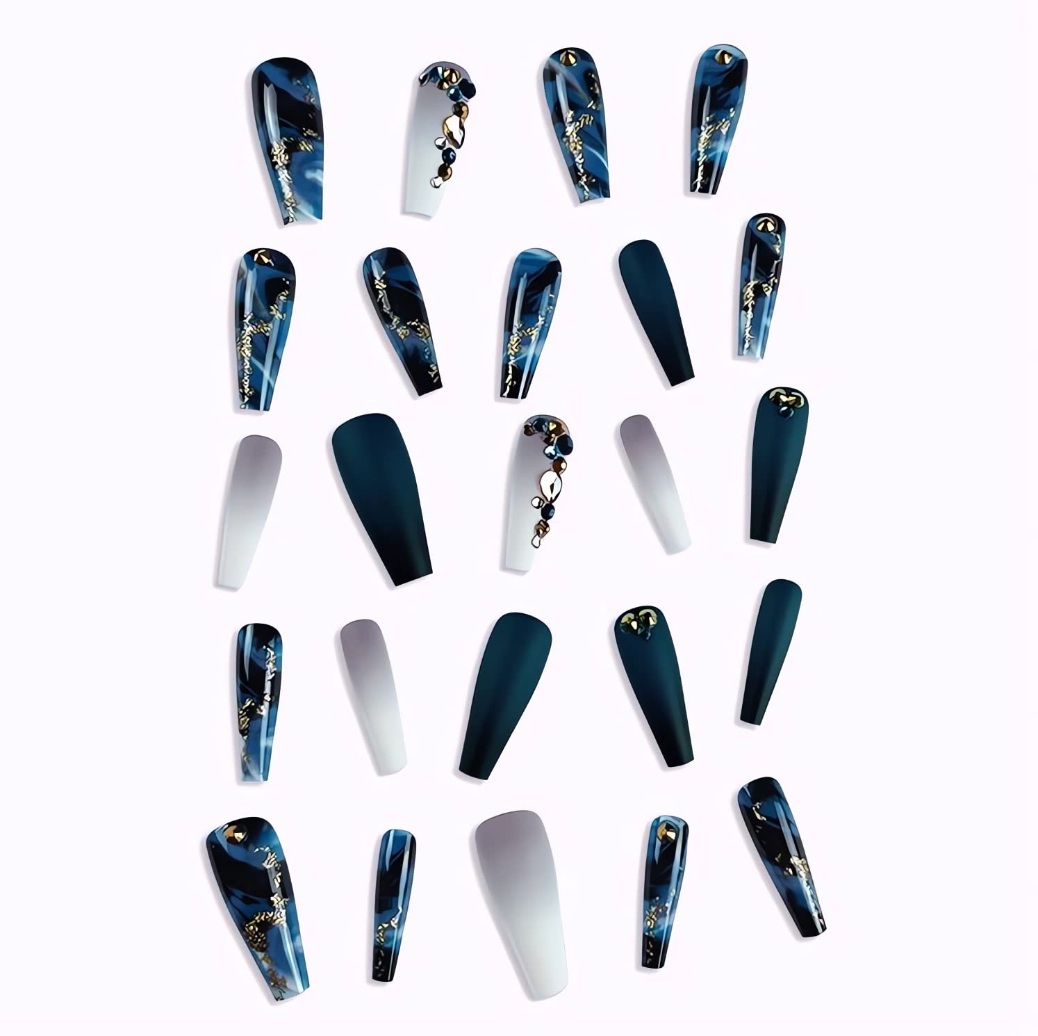 Elevate Your Style with Navy Blue Coffin Press-On Nails - Stunning French Marble Design with Glitter and Rhinestones - 24 Pcs of Glamorous Artificial Nails for Effortless Beauty