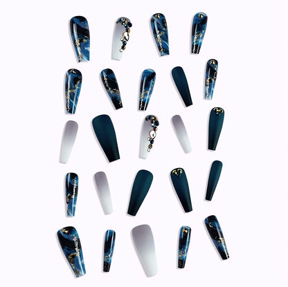 Elevate Your Style with Navy Blue Coffin Press-On Nails - Stunning French Marble Design with Glitter and Rhinestones - 24 Pcs of Glamorous Artificial Nails for Effortless Beauty