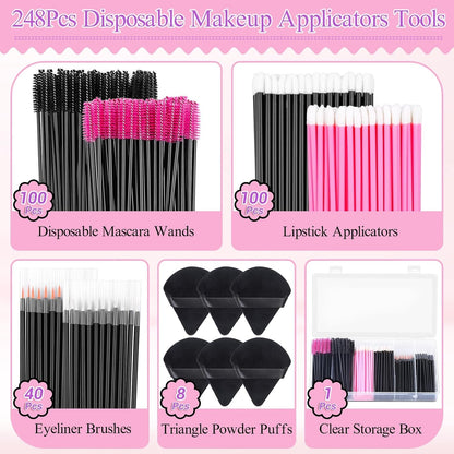Ultimate 248-Piece Disposable Makeup Applicator Kit with Triangle Puffs, Mascara Wands, and Lip/Eyeliner Brushes – Perfect for Makeup Artists and Daily Use!