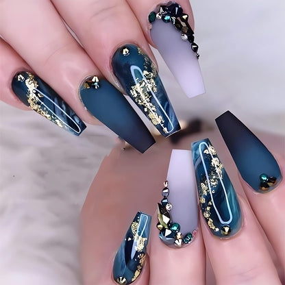 Elevate Your Style with Navy Blue Coffin Press-On Nails - Stunning French Marble Design with Glitter and Rhinestones - 24 Pcs of Glamorous Artificial Nails for Effortless Beauty