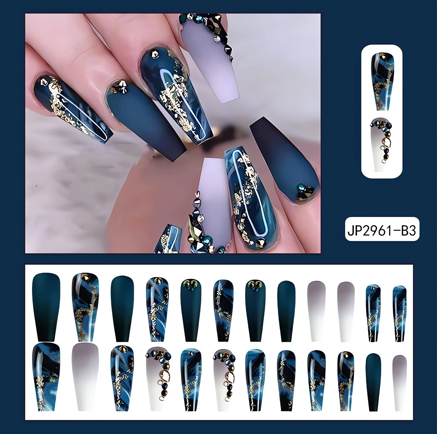 Elevate Your Style with Navy Blue Coffin Press-On Nails - Stunning French Marble Design with Glitter and Rhinestones - 24 Pcs of Glamorous Artificial Nails for Effortless Beauty