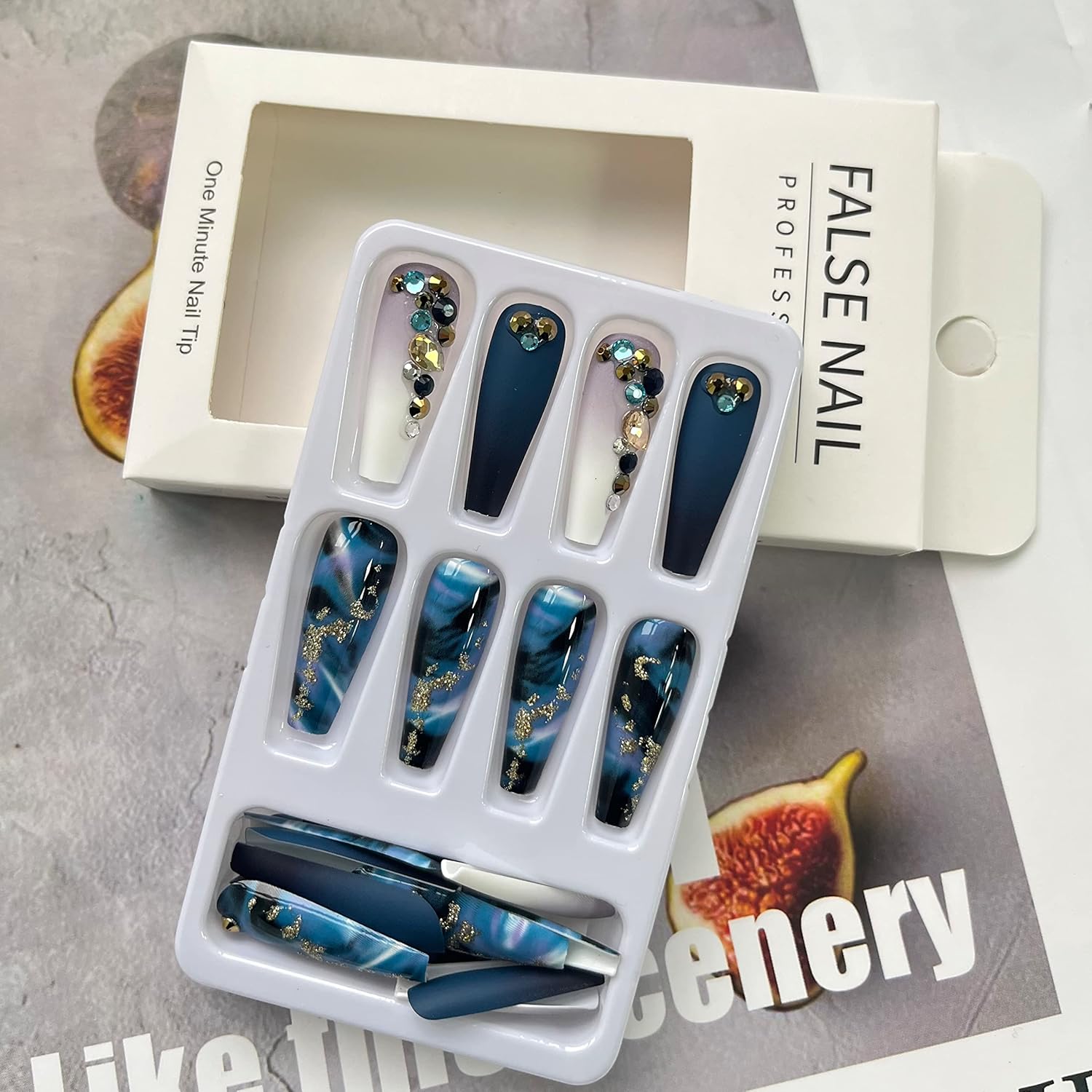 Elevate Your Style with Navy Blue Coffin Press-On Nails - Stunning French Marble Design with Glitter and Rhinestones - 24 Pcs of Glamorous Artificial Nails for Effortless Beauty