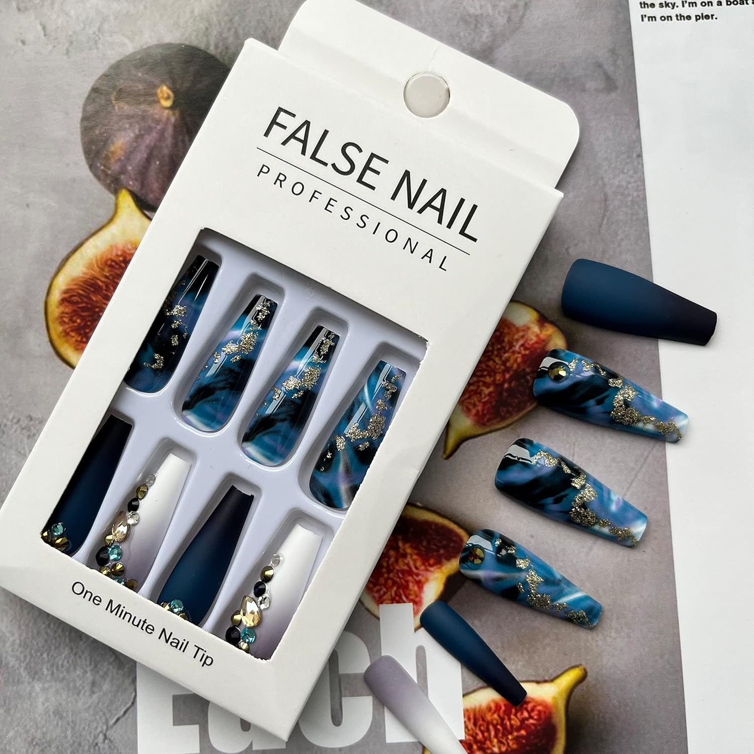 Elevate Your Style with Navy Blue Coffin Press-On Nails - Stunning French Marble Design with Glitter and Rhinestones - 24 Pcs of Glamorous Artificial Nails for Effortless Beauty